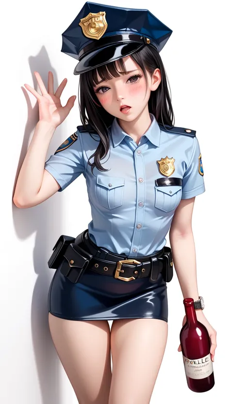  Beautiful Japanese Women,( 1girl :1.5),(slender body:1.2),( small tits:1.0),(white collared ultra short sleeve police shirt:1.2),(white super mini police skirt:1.2),(black leather equipped police belt:1.5),real skin ,small breasts, black hair, Super Detai...