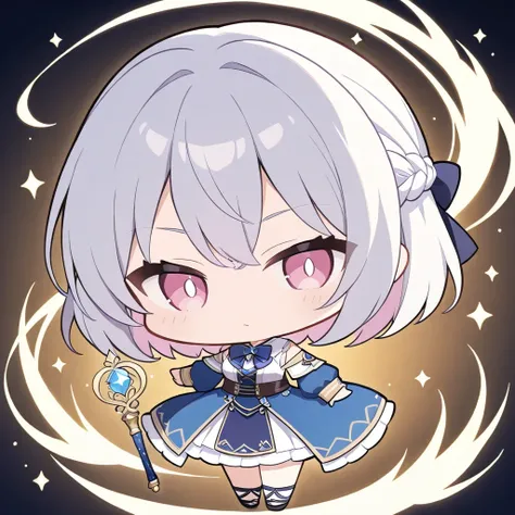 Full Length: 1.2, Chibi-Chara: 1.2, Silver Hair: 1.2, Short pale beige bob, partially braided hairstyle up one side, one beautiful age girl, fine face, fine eyes, pink eyes, chibi-character, very sullen expression, white rabbit inspired getup: 1.2, This Ja...