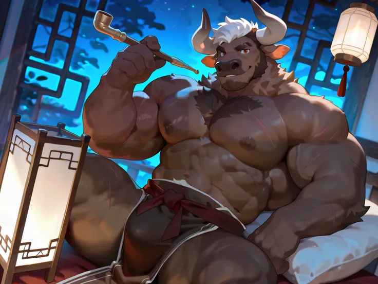 //Character

1boy, solo, anthro furry, minotaur, bull, large curved horns, brown fur, brown-black beard, dark patterns, red eyes, eyes with scars, white hair, brown-black hair tips, brown-black chest hair, Brown eyebrows，Brown tail, confident, carefree, wi...