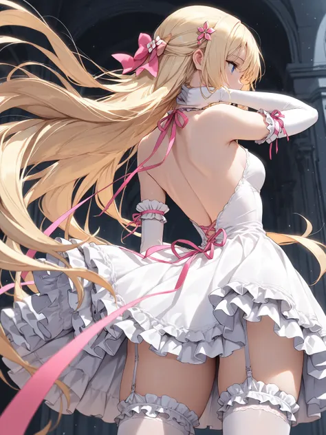 (masterpiece, best quality, extremely detailed), 
1girl, blonde hair, very long hair, backless dress, frilled dress, white dress, short dress, garter straps, elbow gloves, frilled thighhighs, pink ribbon, hair bow, hair ornament, cinematic angle,