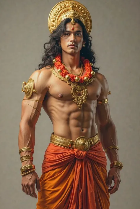 Kartikeya a handsome god of indian origin 21 years old,with a height of 190cm, body weight 90 kg, his body is full and slightly muscular but his stomach is sixpack and , features a gold cover on his chest with a large flower necklace up to his belly and a ...