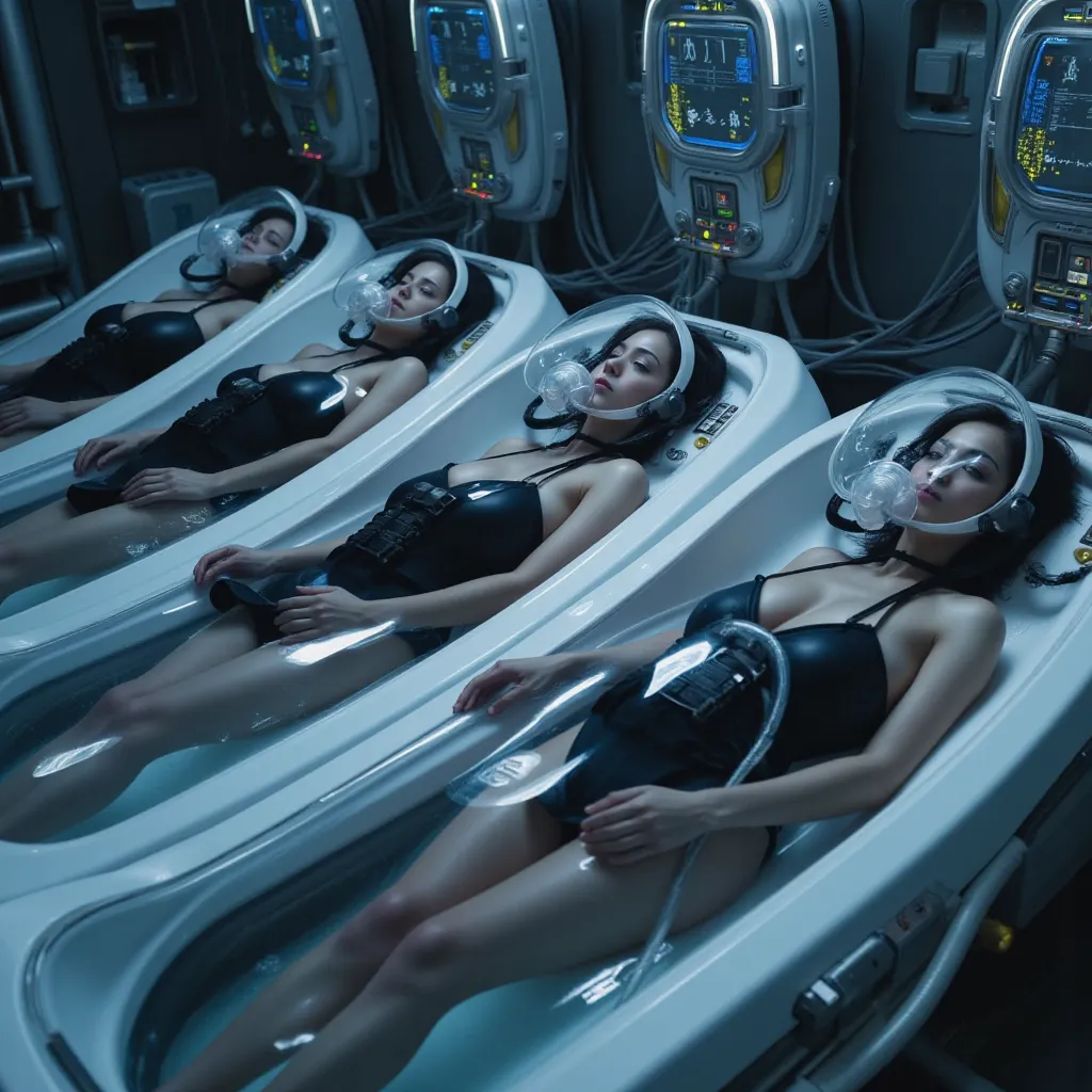 Highquality scifi photo, photorealistic (((profile view))). The image shows three young fullbreasted women lying deep inside clear oil in a row of futuristic coffinsized tubs, which are cryogenic preservation chambers, with life support devices, numerous i...