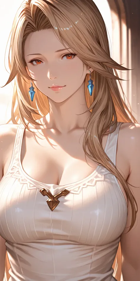 Masterpiece, very aesthetic, vibrant, high contrast, elegant mature woman, katalina (granblue fantasy), upper body, tank top, soft light, best quality, semrealistic, granblue fantasy cg style