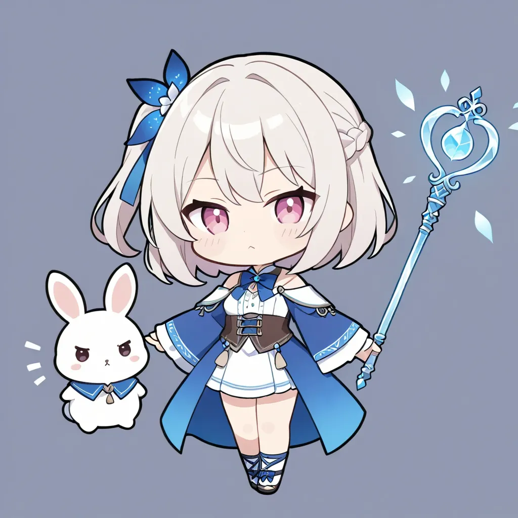 Chibi-Chara: 1.2, Silver hair: 1.2, Pale beige-colored short bob, one-side up partially braided hairstyle with one side up, one beautiful age girl, detailed face, detailed eyes, pink eyes, chibi-character, very grumpy expression, stuffed costume with white...