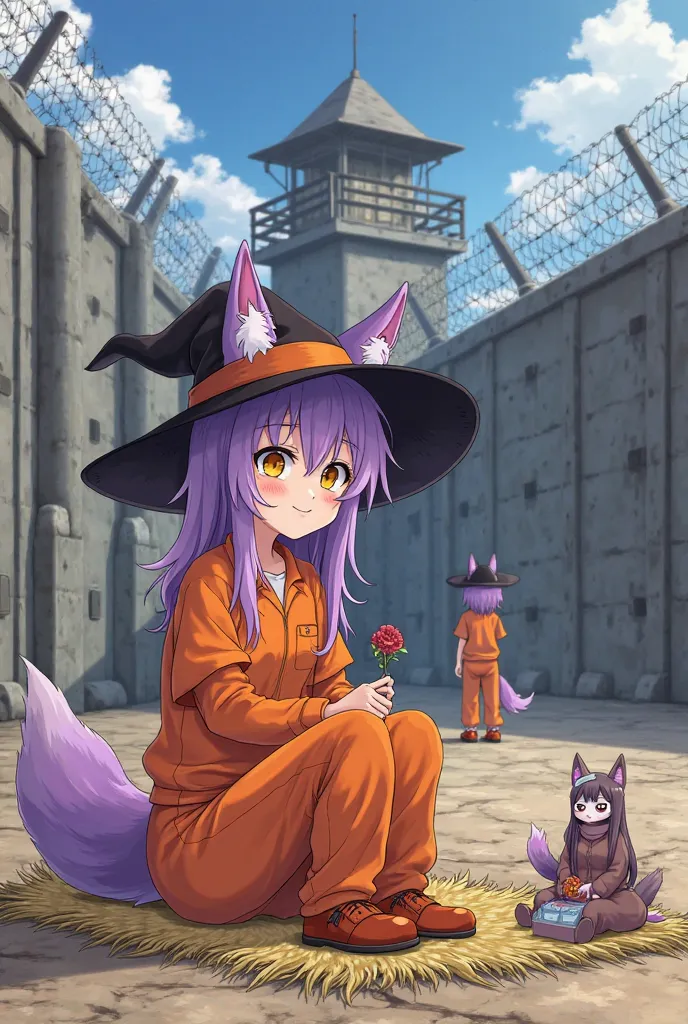 adult female prisoner, mid-long light purple hair, purple fox ear, purple fox tail, no human ears, yello eyes color, Orange Prisoner uniform, orange cloth shoes, she smile, black witch hat, She Sitting on straw mats and selling voodoo dolls and amulets in ...