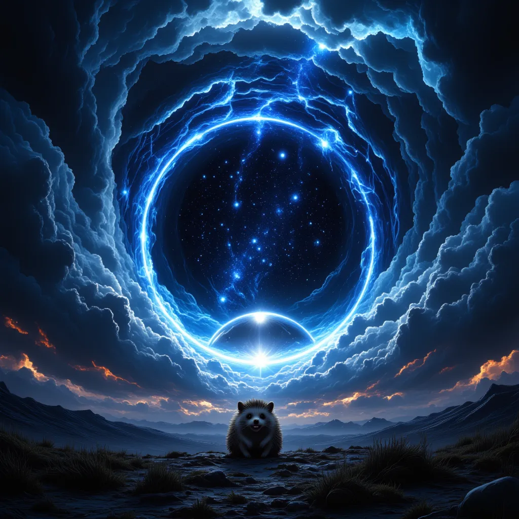 Masterpiece, best quality, highresolution, a massive blue portal mouth in the background, dark clouds surrounding a vast galaxy of stars with a gigantic nebula. In the foreground a tiny brown hedgehog on all fours peeks up from the bottom right corner of t...