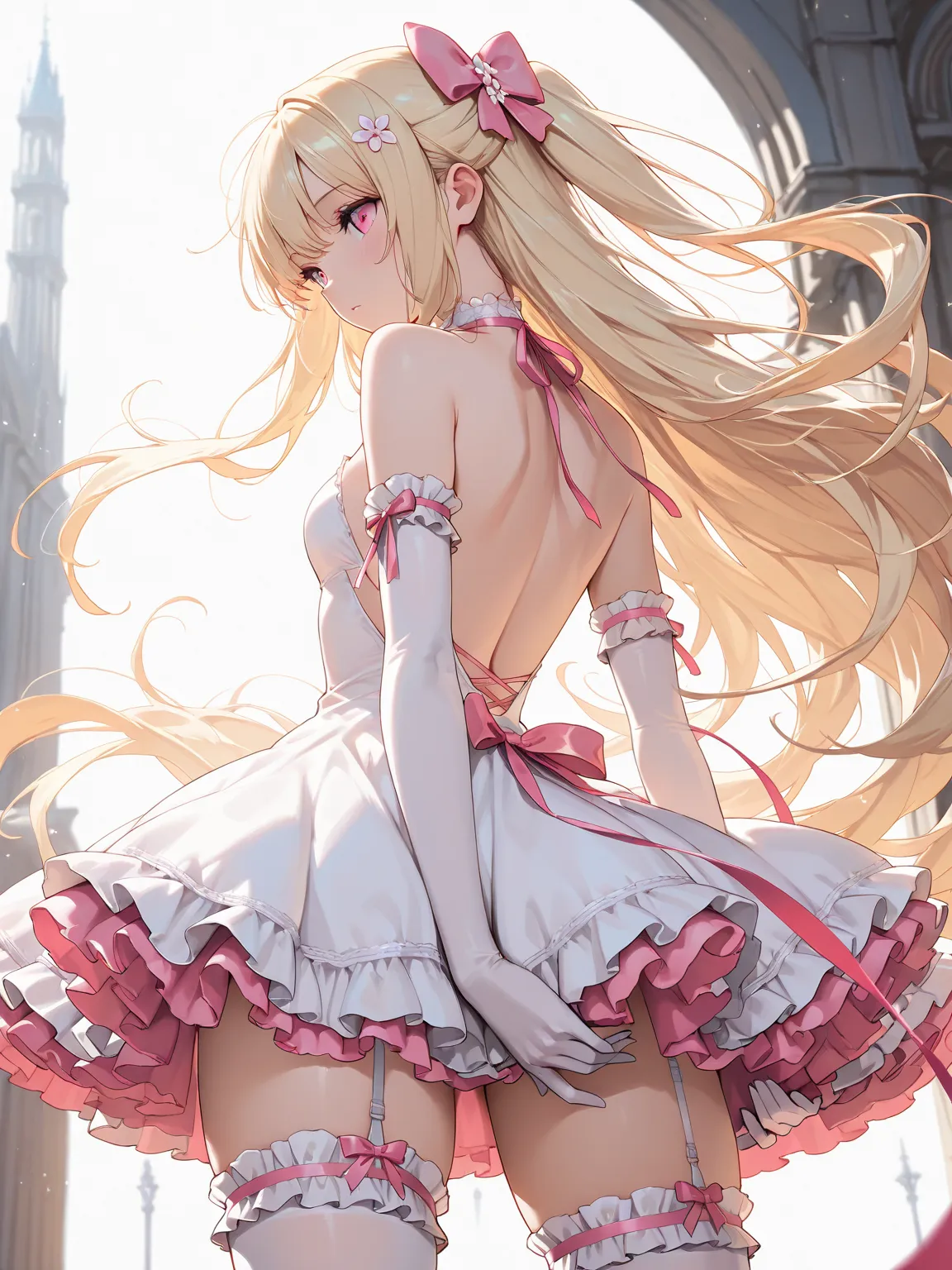 (masterpiece, best quality, extremely detailed), 
1girl, blonde hair, very long hair, pink eyes, backless dress, frilled dress, white dress, short dress, garter straps, elbow gloves, frilled thighhighs, pink ribbon, hair bow, hair ornament, cinematic angle...