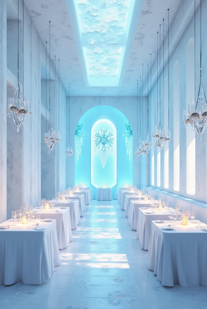 Design a restaurant in white and light blue and decorate it with ice crystals and make it logical and easy to implement  . Also I want it to have the first reception that sells the freezers located behind it with large refrigerators and in front of it a wa...