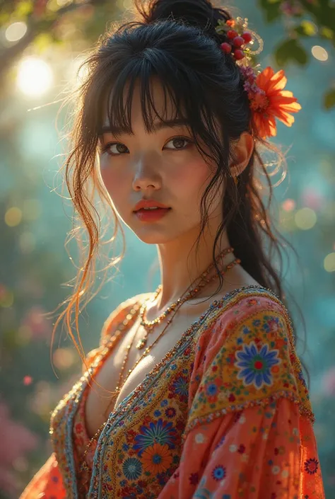 an eclectic 20 years old East Asian woman with vivid colourful makeup, posing, wearing bohemian clothing, contemporary, ultrarealistic, bokeh, in the style of Luis Royo, Full body