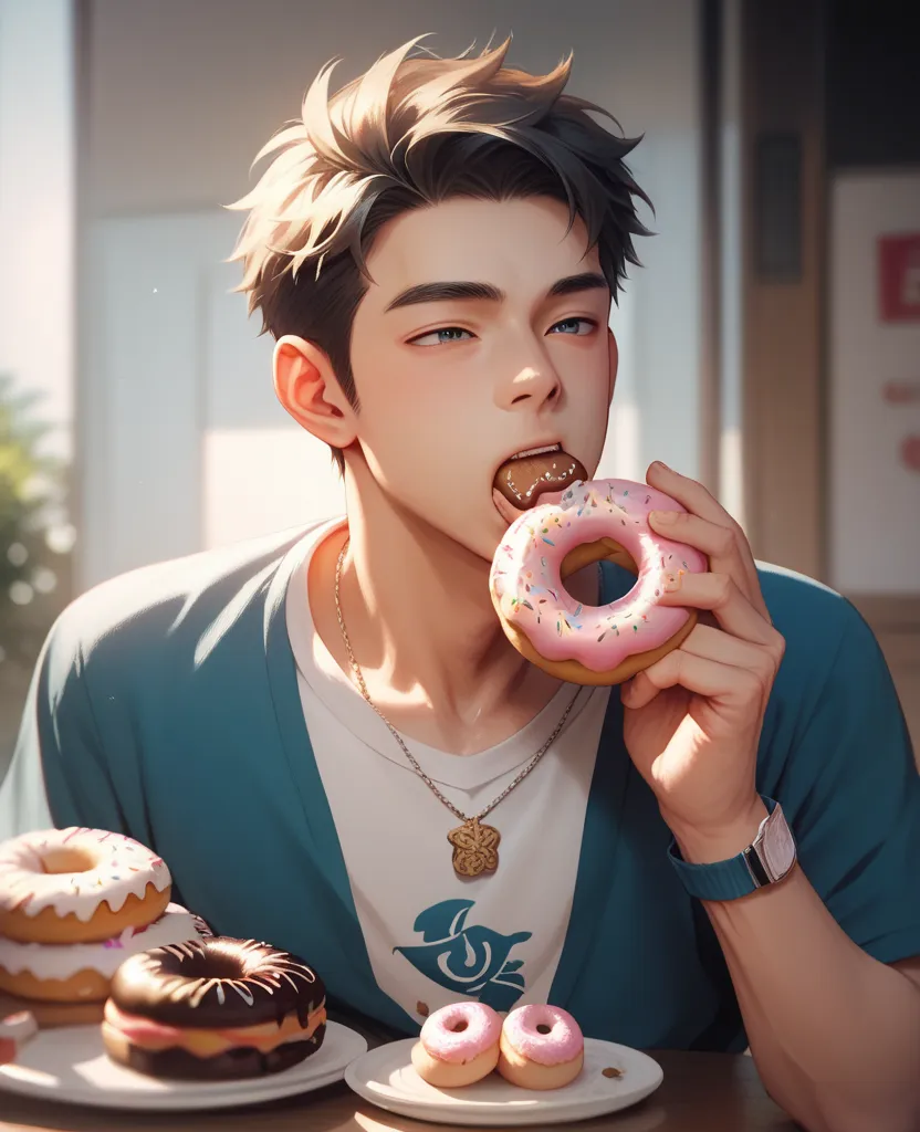 Man eating donuts, anime, detailed 