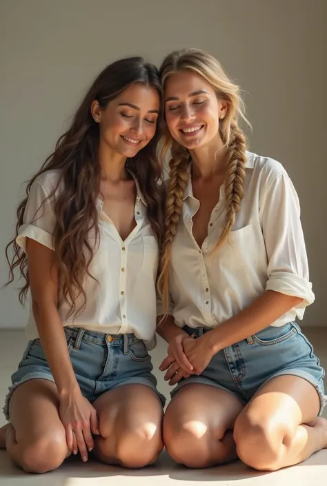 two mature women kneeling on the floor POV, denim shorts and white shirt, (eyes closed) and smiling, one is a brunette and the other woman is a blonde with braids.