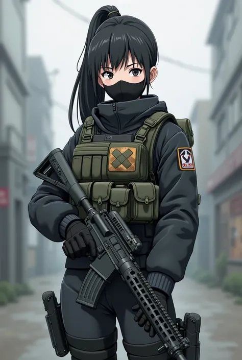 Full shot of a stylized anime female soldier. 


The figure is a young woman with long, dark, straight hair pulled back in a ponytail. 


She wears a dark, almost black tactical uniform, including a jacket, pants, and a tactical vest.  The uniform has nume...