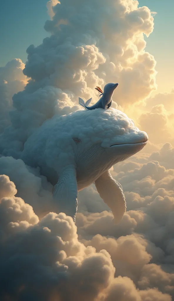 There is a cloud in the shape of a giant whale floating in the sky、  sunshine、 Flash、An anthropomorphic little dolphin riding on the back of a giant whale cloud，holding a brush 