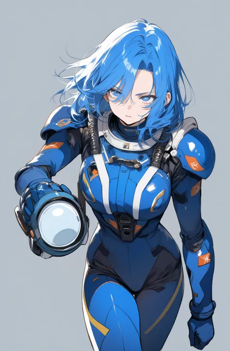  Hair, medium hair,  quick,  blue eyes, droopy eyes, simple background, cowboy shot, Blue clothes　Mech Suit