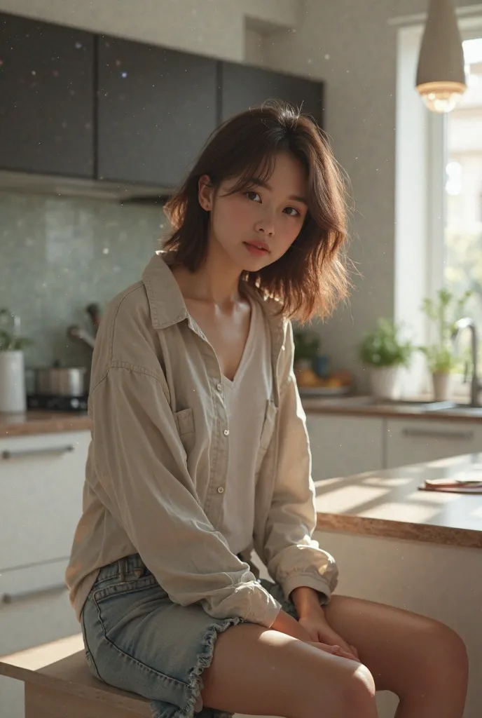 a 22 year old girl sitting on a kitchen slab. hyper realistic . NOT ANIMATED.