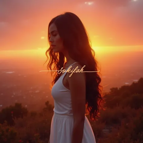 "A stunning woman with long, dark hair stands in profile against a breathtaking sunset. She wears a sleek white dress that highlights her silhouette. The background features a warm gradient of orange, pink, and purple hues, with the sun positioned perfectl...