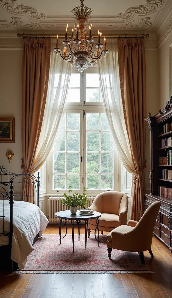 Rectangular room ethereal light Academia style, with classic metal bed, with a tea table and two armchairs facing a giant window. A secretaire or curtain desk, Shelves with books and bronze swan and unicorn ornaments. A Victorian wardiancase. Art paintings...