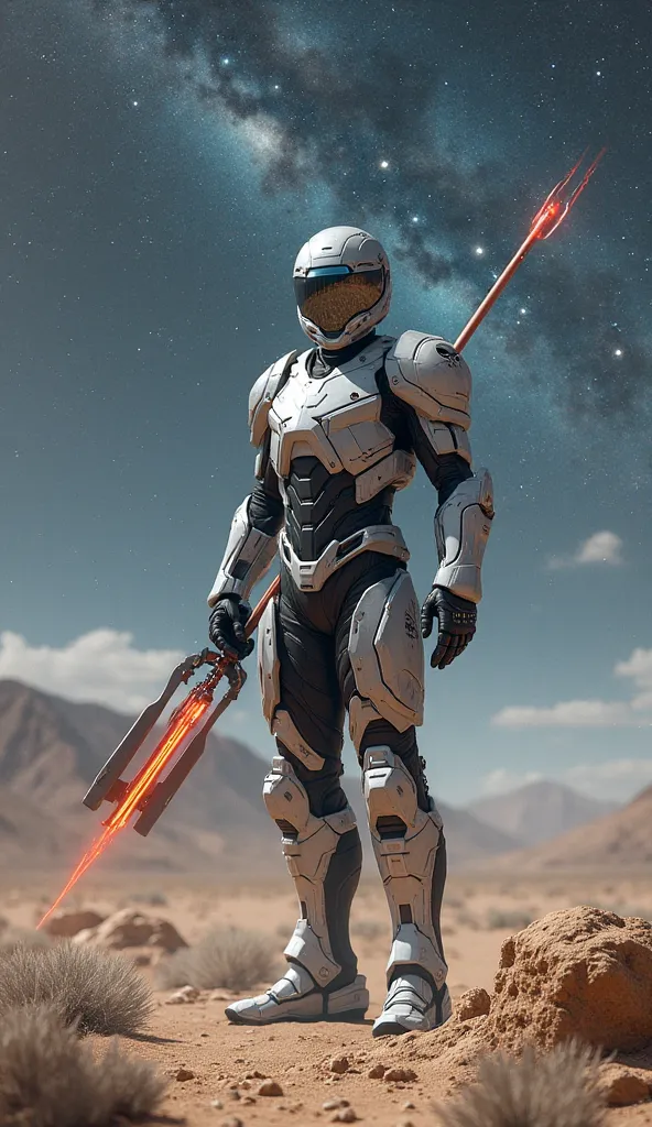 Helmet glass futuristic men armor Pauldrons laser space spear standing body chihuahuan desert galaxy space 