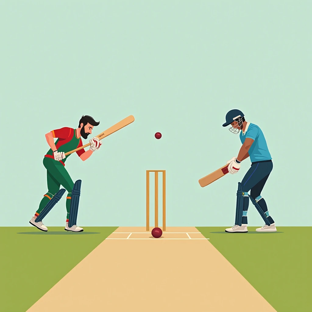 make a image of a cricket crease where a baller is balling and a batsman is batting.the ball is in the middle of the crease after the baller through it.batsman wearing green and red joursey and baller wearing blue joursey.make the image in cartoon format.