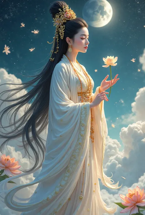 (masterpiece,Highest quality,,8k,side view,High resolution),One Guan yin goddes,,Beautiful Face,Beautiful Face,intricate white flowing hanfu with gold edge,gold  jewelry,Beautiful eyes,Beautiful lips,Compassionate Mother Kannon,Black Hair,look back,,Wave,,...