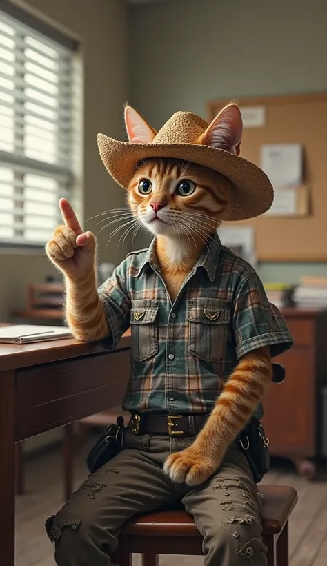 A realistic cat sitting in a police station, wears a typical caipira outfit,  with a straw hat , plaid shirt and patched pants. He is in an expressive pose, as if I were talking seriously . The scene has natural office lighting, with tables, files and a bu...