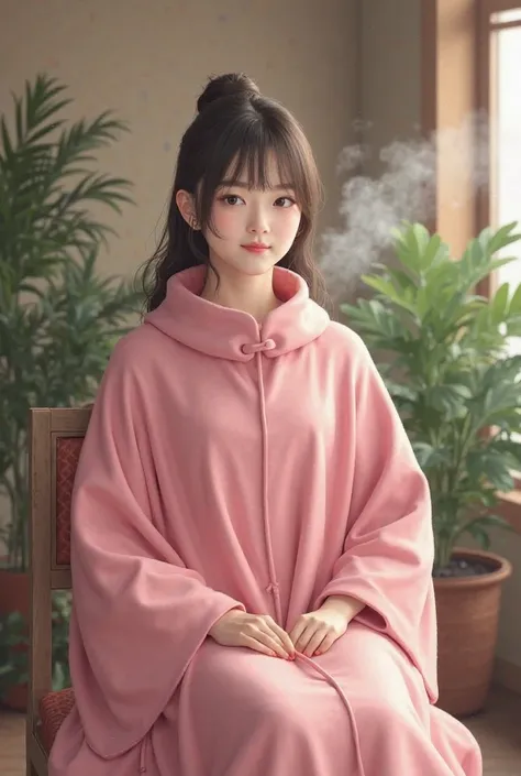 Descriptive images。
with foliage plants placed、Wear a pink cloak that is completely long from neck to foot、sitting on a chair without a backrest or handrails。The cape has a tight neck y
Her expression is calm and relaxed、Warm steam is billowing up all arou...