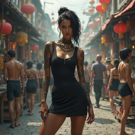 Skinny black woman with Chinese hair and tattoos on arms wearing sleeveless black mini dress standing in a busy courtyard (real)