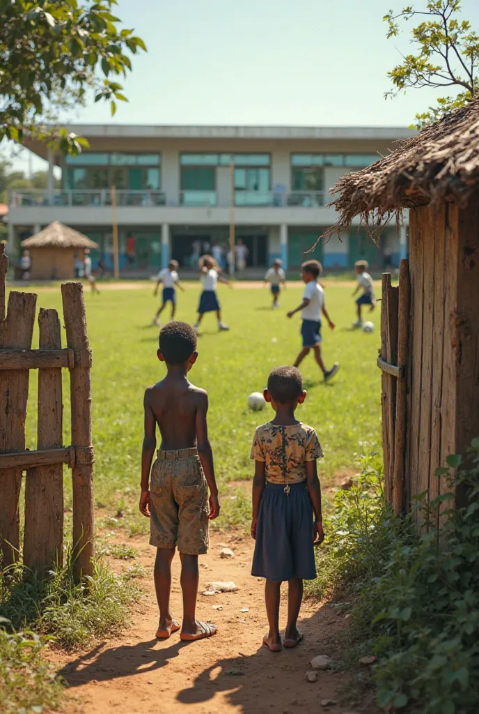 "Ultra-detailed, cinematic, 4K resolution. Scene: A rustic rural village with a weathered wooden fence surrounding a small, humble house made of aged wood and a thatched roof. Two impoverished ren stand in front—a boy and a girl, wearing tattered, patched ...