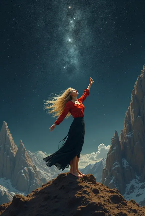 Willem Haenraets style full body dynamic noc czarne niebo z gwiazdami ,starry night beautiful blonde woman standing high in the mountains looking at Jesus backwards to the viewer , kobieta ma rozlozone rece do gory dynamika . straight red blouse black tigh...