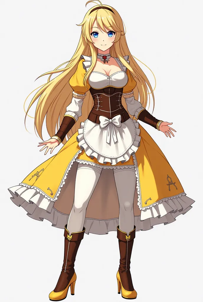 Lissa from the video game Fire Emblem Awakening in adult version with extremely long golden blonde hair that reaches down to her feet, she has blue eyes, a huge E cup size chest and she is dressed in a yellow and white dress  with a leather corset over a s...