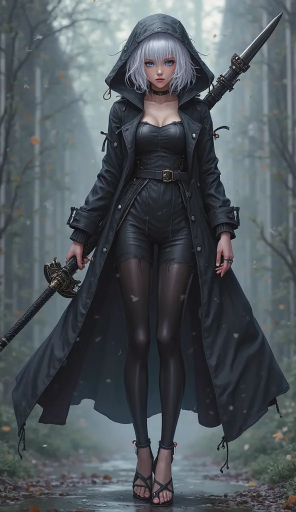 Anime girl with short white hair, dressed in a hooded trench coat with short sleeves, unbuttoned in black with leggings and open heels and has a very large sword  