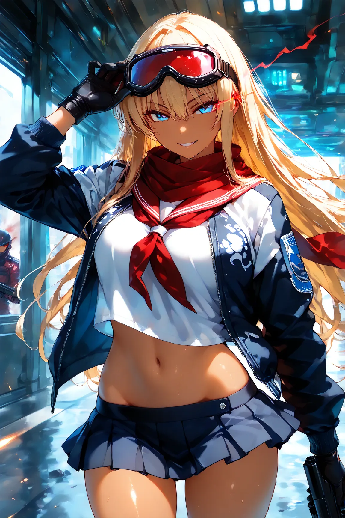 score_9, score_8_up, score_7_up, score_6_up, score_5_up, score_4_up,anime artwork masterpiece,best quality, unreal engine, ultra res, extremely detailed, One Girl,blonde hair,long hair,blue eyes,glowing eye trail,tan skin,biker goggles on head,black sailor...