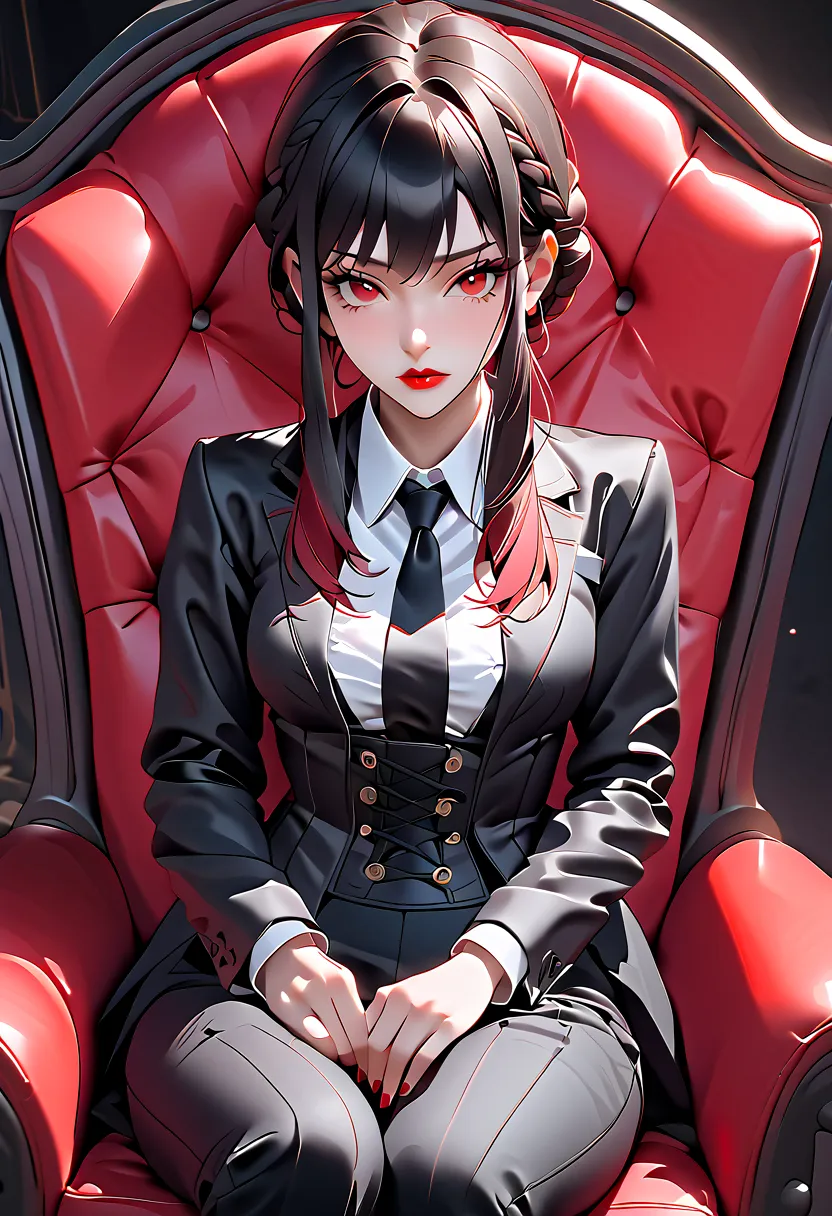 Yor Briar from Spy X Family, 1girl, solo, body shot, sitting straight in a padded red chair, dressed with a white shirt long black pants with a waist corset with black lacing a black short jacket and a long black tie, red eyes, red lips, black slightly dis...