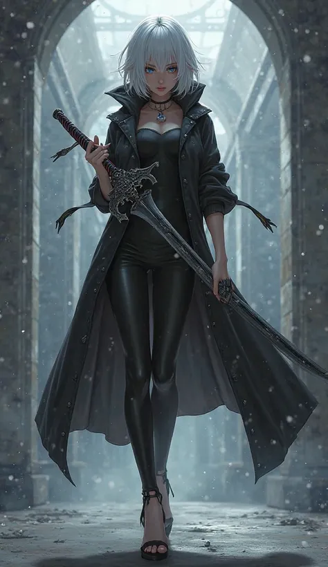 Anime girl with short white hair, dressed in a hooded trench coat with short sleeves, unbuttoned in black with leggings and open heels and has a very large sword  