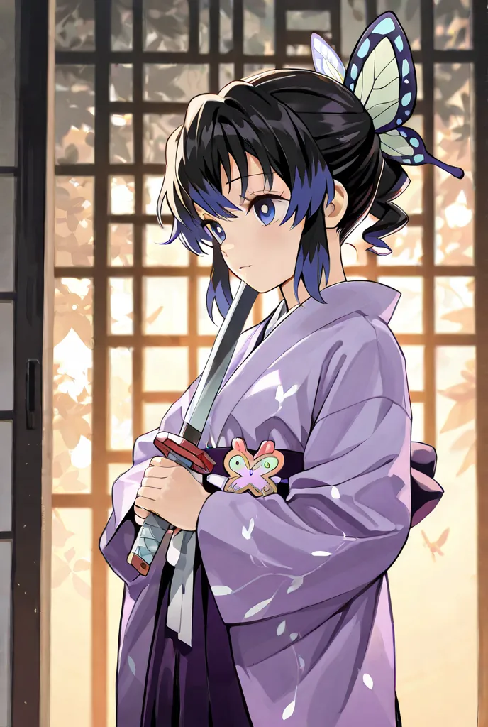 Demon Slayer: Kimetsu no Yaiba: Female butterfly breathing, black hair, purple, long hair, eye color is light blue, Kocho Shinobu's stepchild butterfly holding a cute sword々 hair ornament on my hair