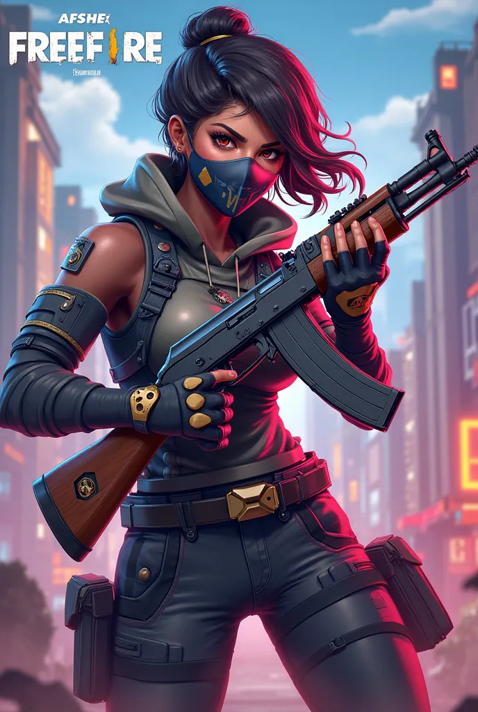 A female cartoon cerecter of free fire game holding AK-47 and wearing a mask and the logo name is afshe gaming thelogo  name is afshe gaming 