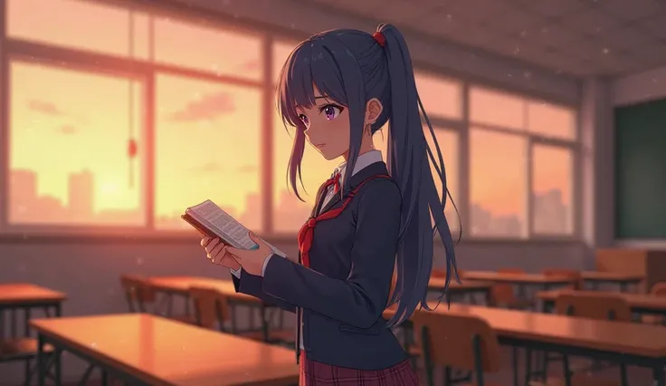 Inside the same classroom, Aoi Takahashi, a 16-year-old girl with long, dark blue hair tied in a loose side ponytail, She wears a slightly oversized navy-blue blazer over her uniform—a white blouse, a plaid skirt in navy blue and burgundy, and a red ribbon...