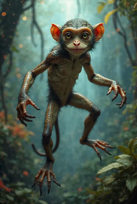 A highly detailed and imaginative hybrid creature combining features of a monkey and a frog. It has the agile body of a monkey with smooth, slightly moist amphibian-like skin. Its limbs are a mix of strong, grasping monkey hands and webbed frog feet, perfe...