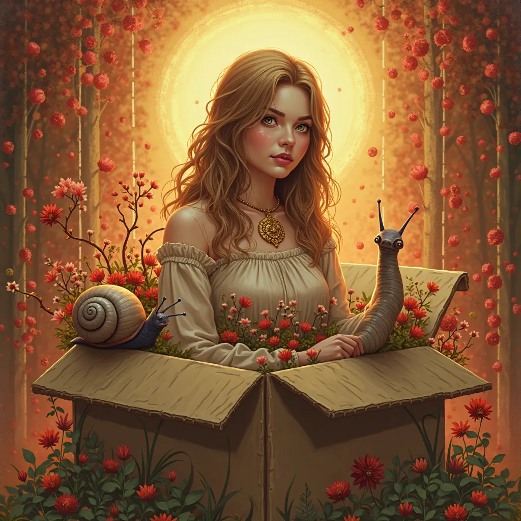  Nature Godess with light brown hair shoulder length in a cardboard box and a snail as pet. Red and gold colors. Tarot style
