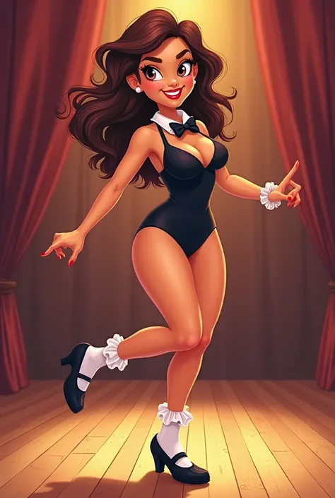 A beautiful cartoony Mexican American woman in her 20s, wearing a black leotard, with a black bow tie with a white collar around her neck, black sharp Mary Jane tap shoes, with white ruffled socks, tap dancing cute, on a wood board on a stage, cartoon styl...