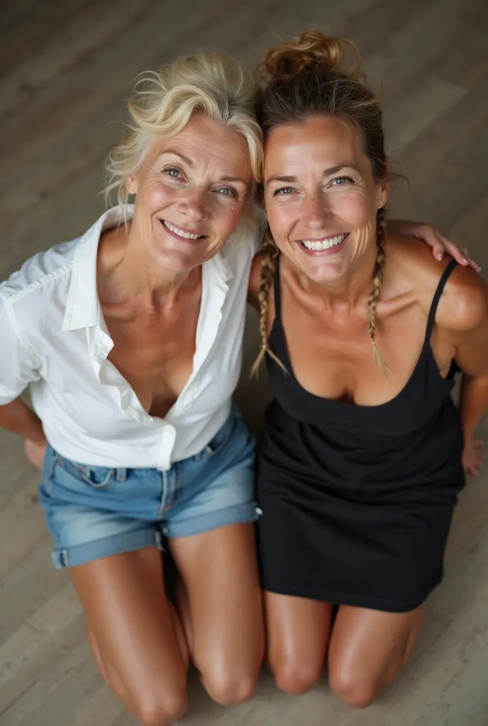 two 50-year-old mature women, two 50-year-old mature women kneeling on the floor POV, denim shorts and white shirt unbuttoned one and the other with a black dress, lots of chest, with eyes closed and with mouth closed,  smiling, heads together ,one is a br...