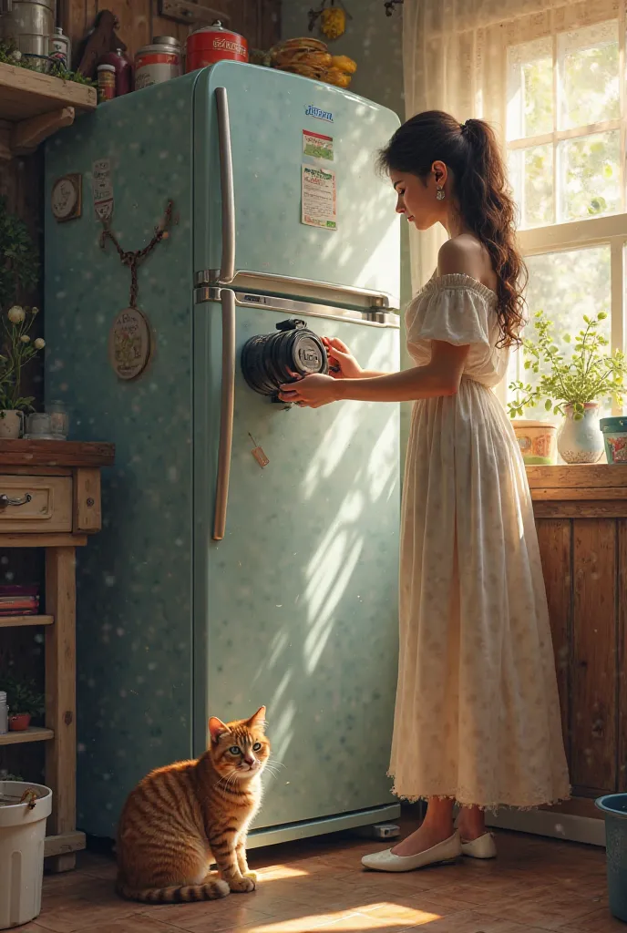 A beautiful woman installing a compressor motor to a damaged refrigerator with her cat and all the cooling tools 