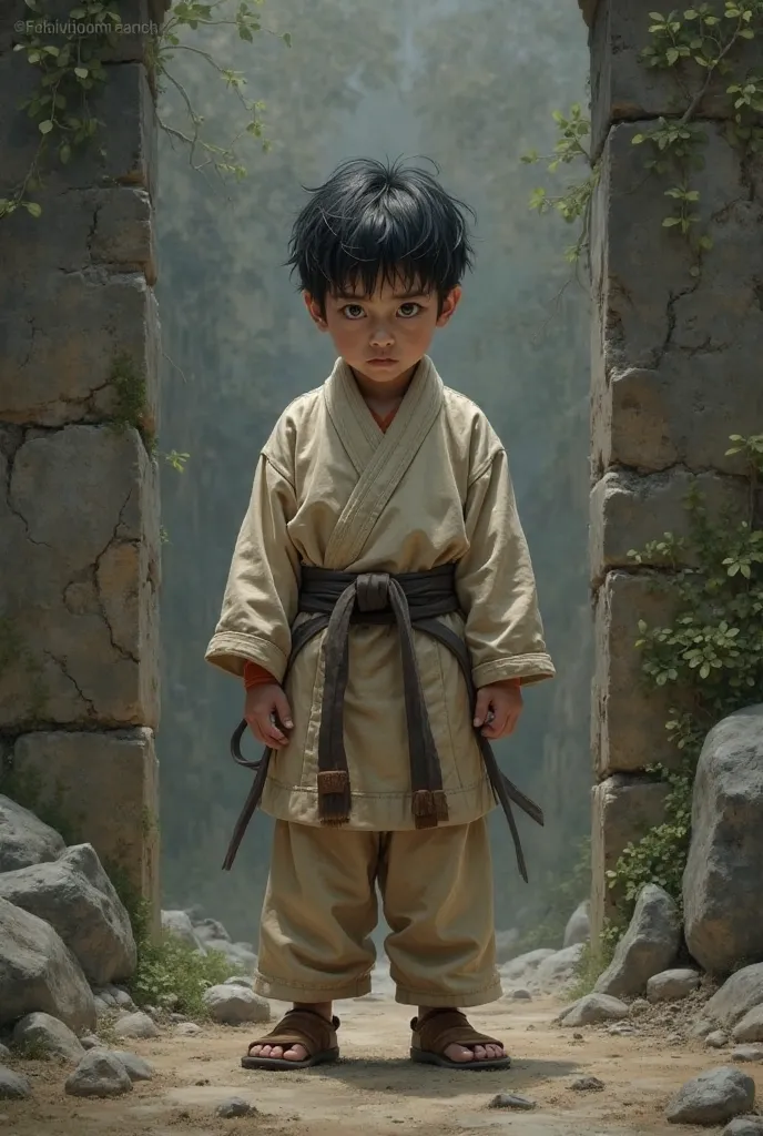 A small martial arts student (short and wearing a martial arts uniform) with a hot temper feels guilty in an ancient setting, with an old wall behind them.