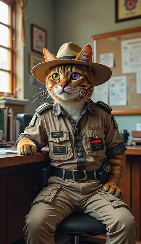 A realistic cat, Around the cat's eye it's bruised and very purple, He's sitting in a police station, wears a typical caipira outfit,  with a straw hat , plaid shirt and patched pants. He is in an expressive pose, as if it were having a serious conversatio...