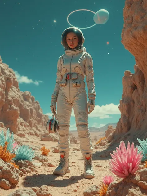 A super cool fashion magazine cover，Retro Graphics，A beautiful woman in a spacesuit stands on the ground of an alien planet exposed to rocks, crystals, and flowers，Otherworldly Faces ，sexy spacesuit，The perfect blend of spacesuits and style，Light Shines on...