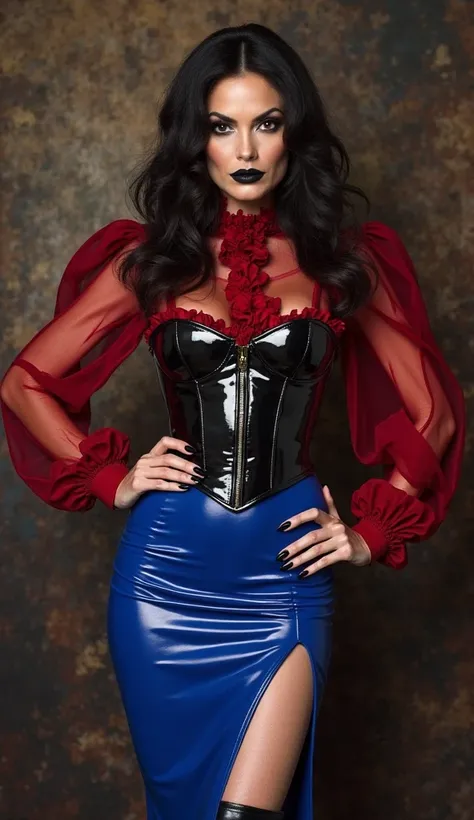 Angelina jolie, latex, dominatrix, shinny, strict, latex dark red blouse, transparent latex dark red puffy sleeves, royal blue latex pencil skirt high waist narrow, heavy black latex corset, black vinyl over the knee high heel boots, sever look, heavu blac...