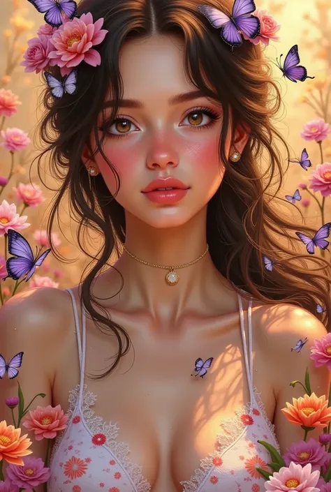 paint me a beautiful girl with messy brown hair and butterflies in hair , great big shine hazel eyes soft lips , boho patterned dress and lots of flowers in hands , artstation , midjourney style art , Jose Royo art style , background in orange pink and pur...