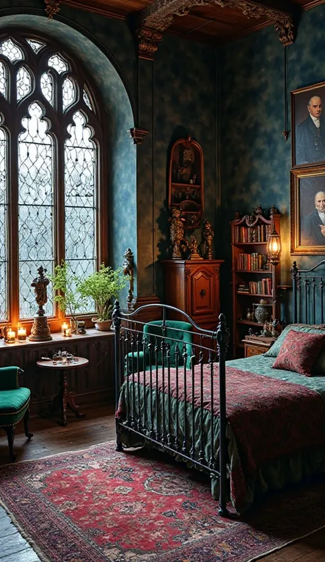 Candlelit Dark Academia Study

A deep mahogany and midnight blue palette fills this dimly lit room, illuminated by warm candlelight. The classic metal bed is black wrought iron, paired with a dark oak tea table and emerald velvet armchairs beside a cathedr...