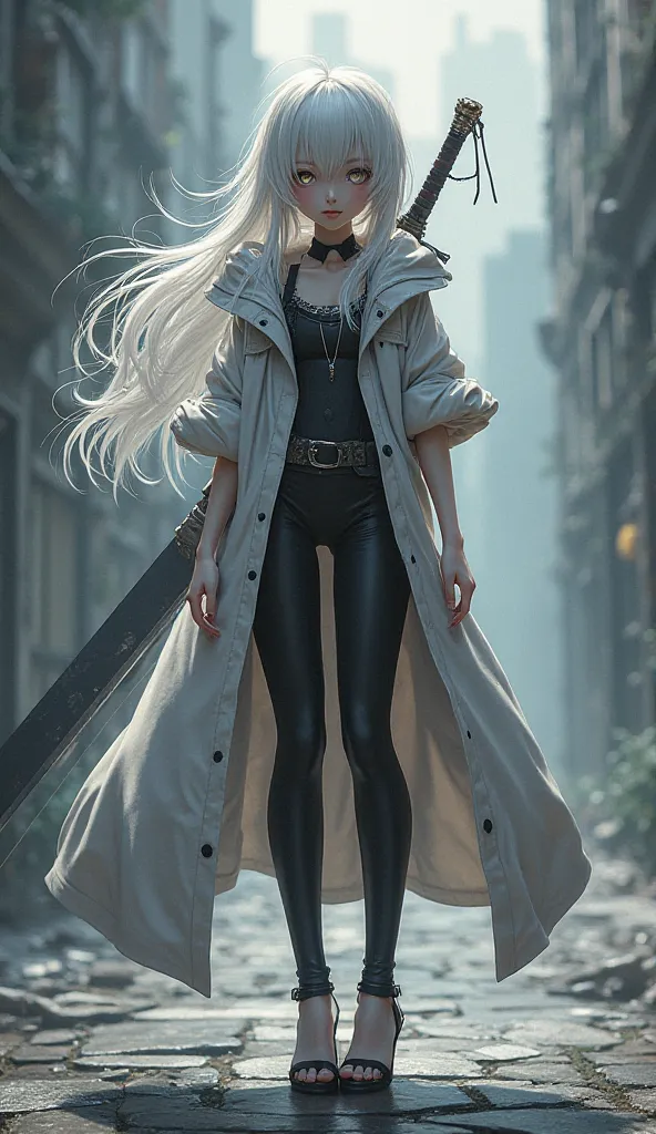 White-haired anime girl wearing a hooded trench coat with short sleeves, unbuttoned with leggings and open heels and has a very big sword.  