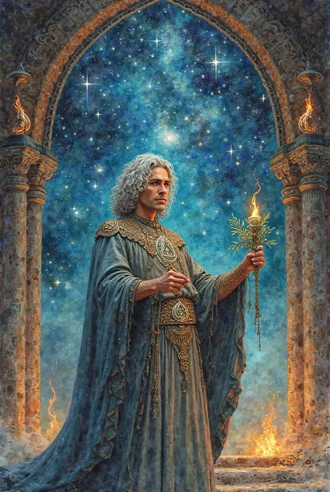 Tarot card the hierophant. A handsome man in his 30's with silver curly hair down to the shoulders and mystical ceremony attire is standing up looking at us in what appears to be a ceremonial temple with a massive window on the back that allow us to see a ...